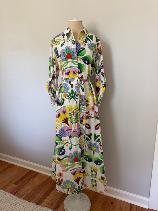 Zara Dresses & Skirts - Zara Cream Maxi Shirt Dress with Multicolor Floral Motif